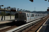 BART train arriving at a station in San Francisco